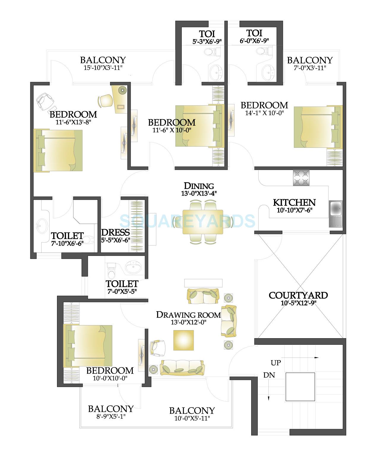Floor plan of 4 BHK 1620 Sq. Ft. Ind Floor in RPS Palms, Faridabad