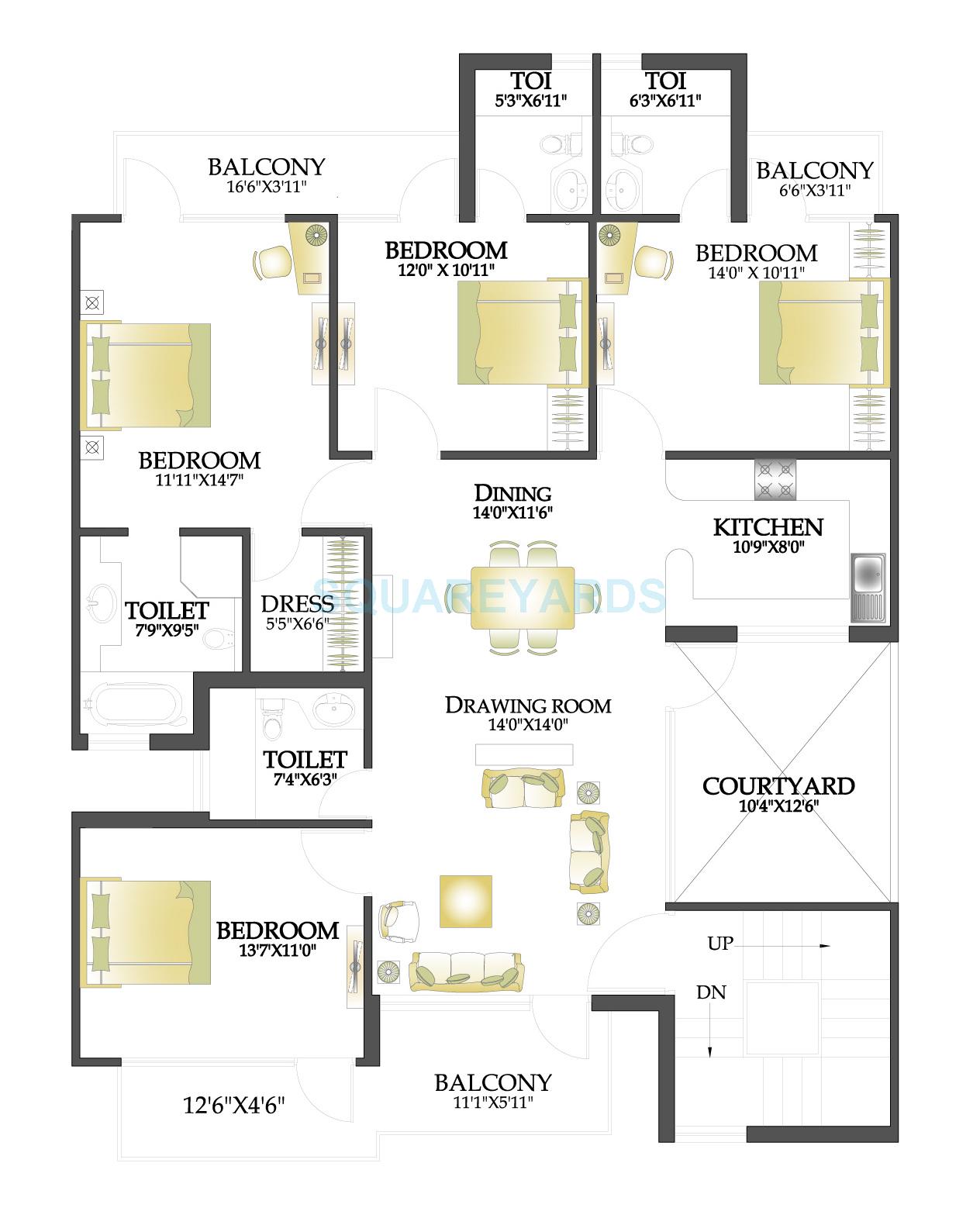 Floor plan of 4 BHK 1850 Sq. Ft. Ind Floor in RPS Palms, Faridabad