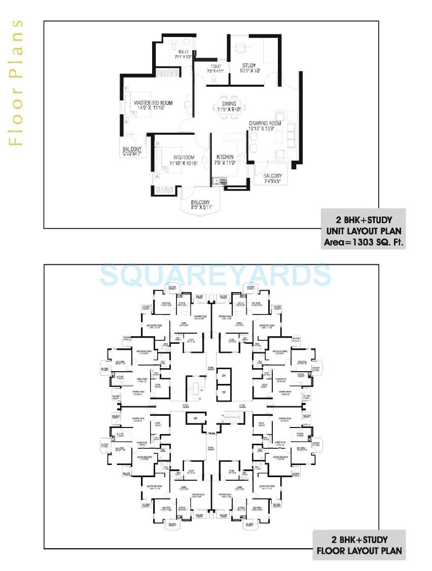 Floor plan of 2 BHK 1303 Sq. Ft. Apartment in RPS Savana, Faridabad