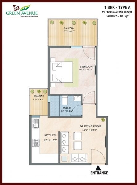 Floor plan of 1 BHK 401 Sq. Ft. Apartment in S3 Green Avenue, Faridabad