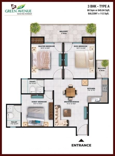 Floor plan of 3 BHK 758 Sq. Ft. Apartment in S3 Green Avenue, Faridabad