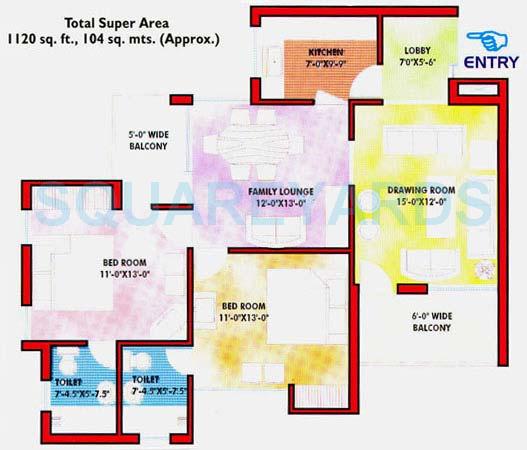 Floor plan of 2 BHK 1120 Sq. Ft. Apartment in Saffron Kanishka Tower, Faridabad