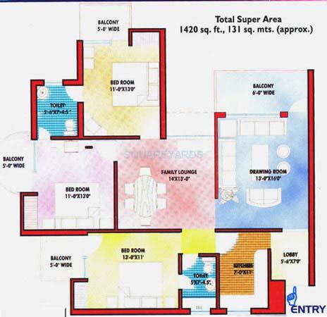 Floor plan of 3 BHK 1420 Sq. Ft. Apartment in Saffron Kanishka Tower, Faridabad