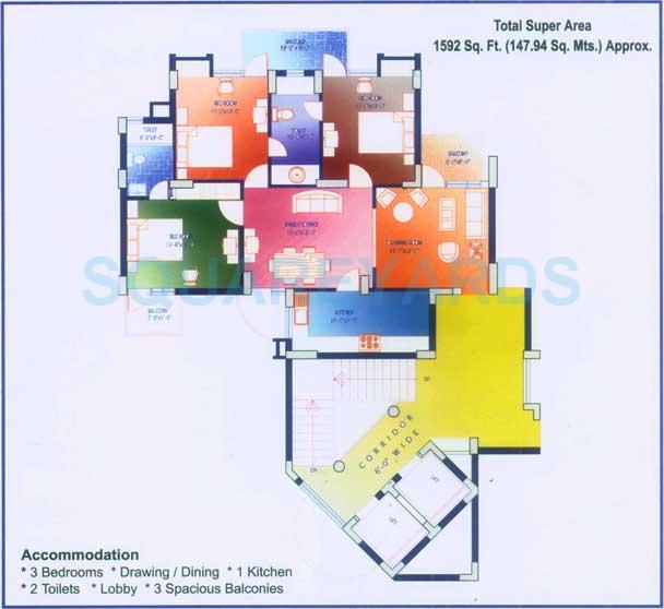 Floor plan of 3 BHK 1592 Sq. Ft. Apartment in Saffron Kanishka Tower, Faridabad