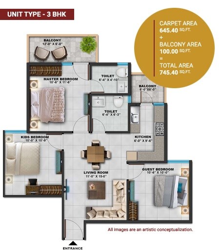 Floor plan of 3 BHK 645 Sq. Ft. Apartment in Sarvome Shree Homes, Faridabad