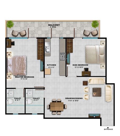 Floor plan of 2 BHK 646 Sq. Ft. Apartment in Sarvome Shree Homes Phase 2, Faridabad