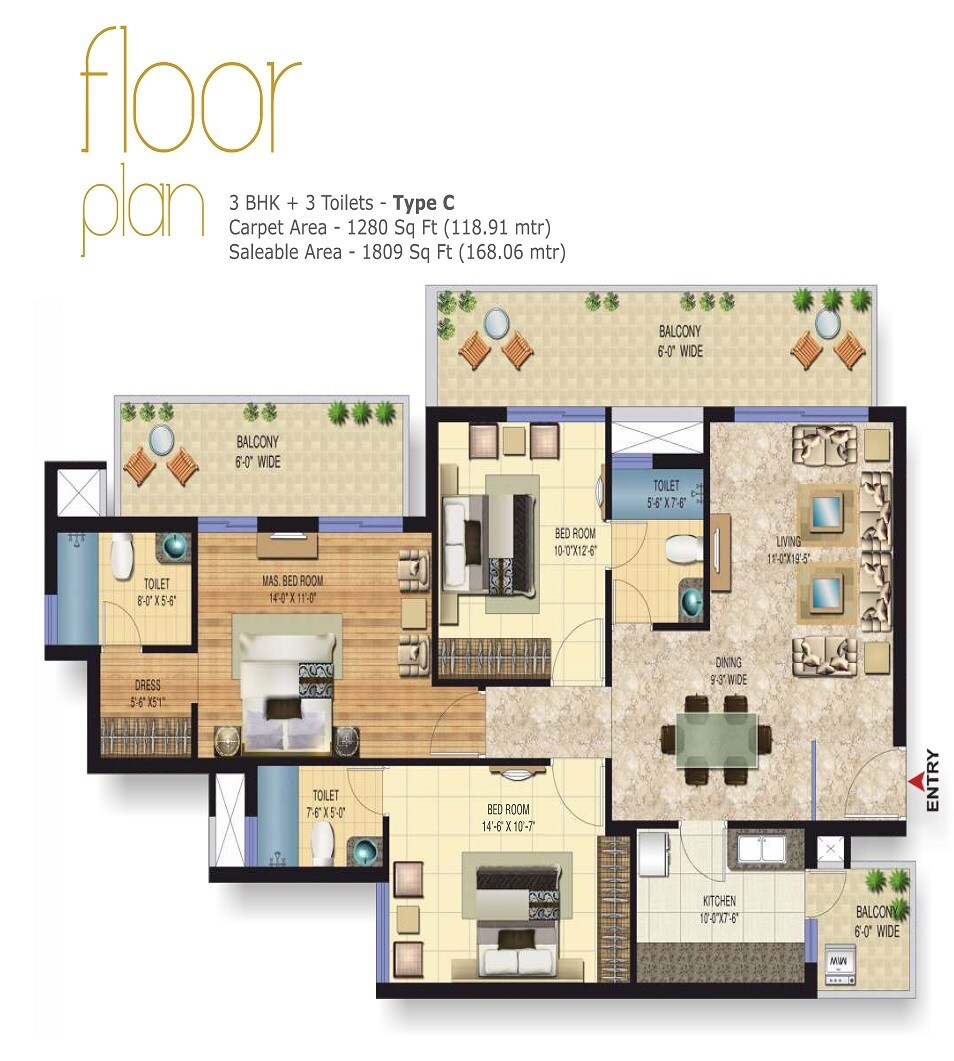 Floor plan of 3 BHK 1809 Sq. Ft. Apartment in Sarvome The Presidio, Faridabad