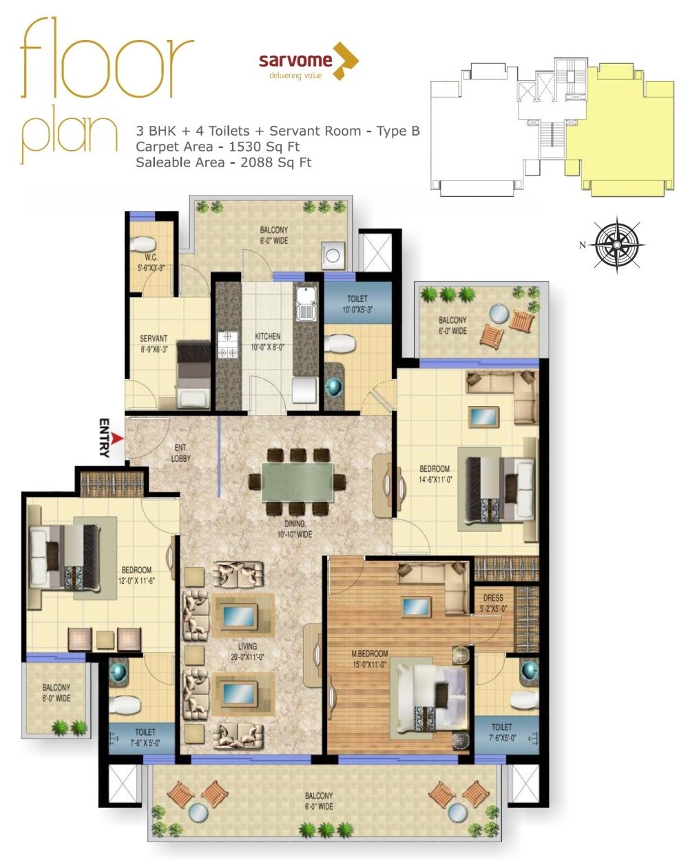 Floor plan of 3 BHK 2088 Sq. Ft. Apartment in Sarvome The Presidio, Faridabad