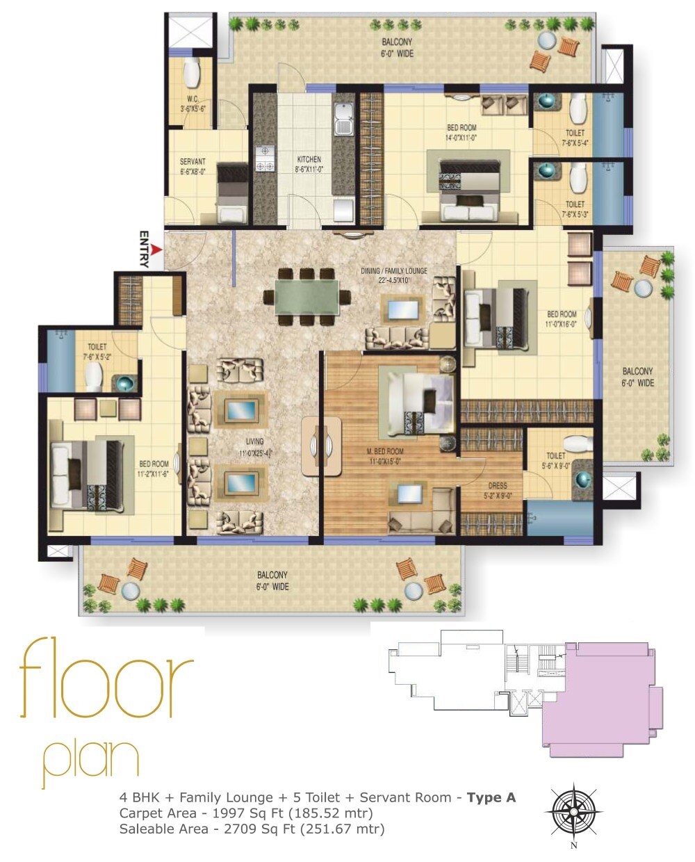 Floor plan of 4 BHK 2709 Sq. Ft. Apartment in Sarvome The Presidio, Faridabad