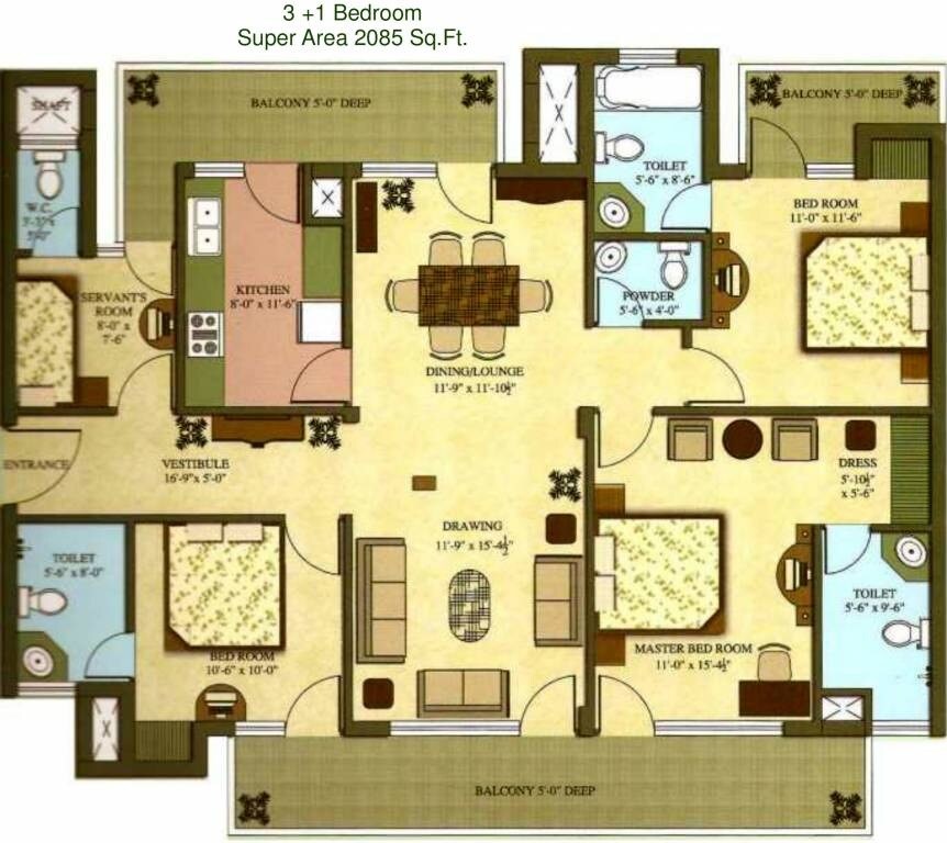 Floor plan of 3 BHK 2150 Sq. Ft. Apartment in Shiv Sai Emerald Heights, Faridabad