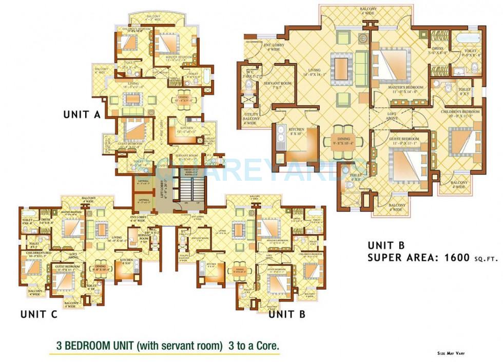 Floor plan of 3 BHK 1600 Sq. Ft. Apartment in Shiv Sai Ozone Park, Faridabad