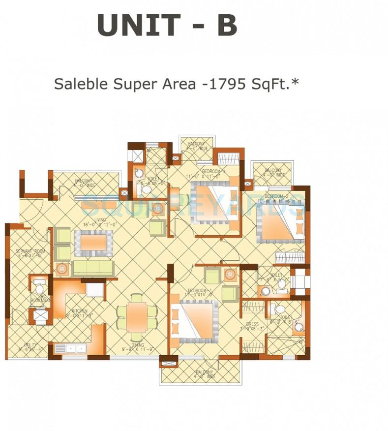 Floor plan of 3 BHK 1795 Sq. Ft. Apartment in Shiv Sai Ozone Park, Faridabad