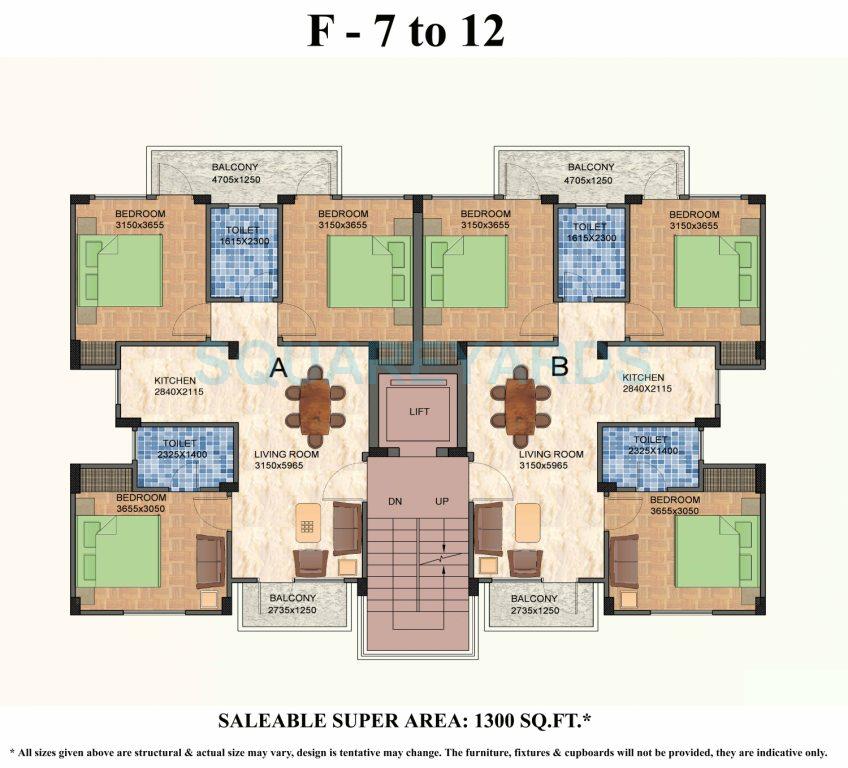 Floor plan of 3 BHK 1300 Sq. Ft. Apartment in Shiv Sai Vatika Apartments, Faridabad