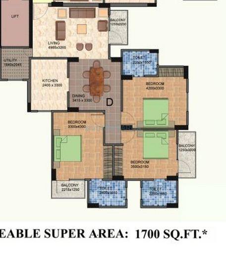 Floor plan of 3 BHK 1700 Sq. Ft. Apartment in Shiv Sai Vatika Apartments, Faridabad