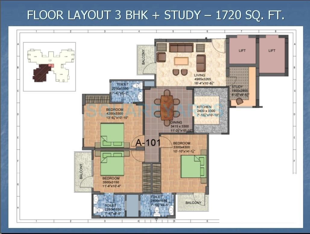 Floor plan of 3 BHK 1720 Sq. Ft. Apartment in Shiv Sai Vatika Apartments, Faridabad