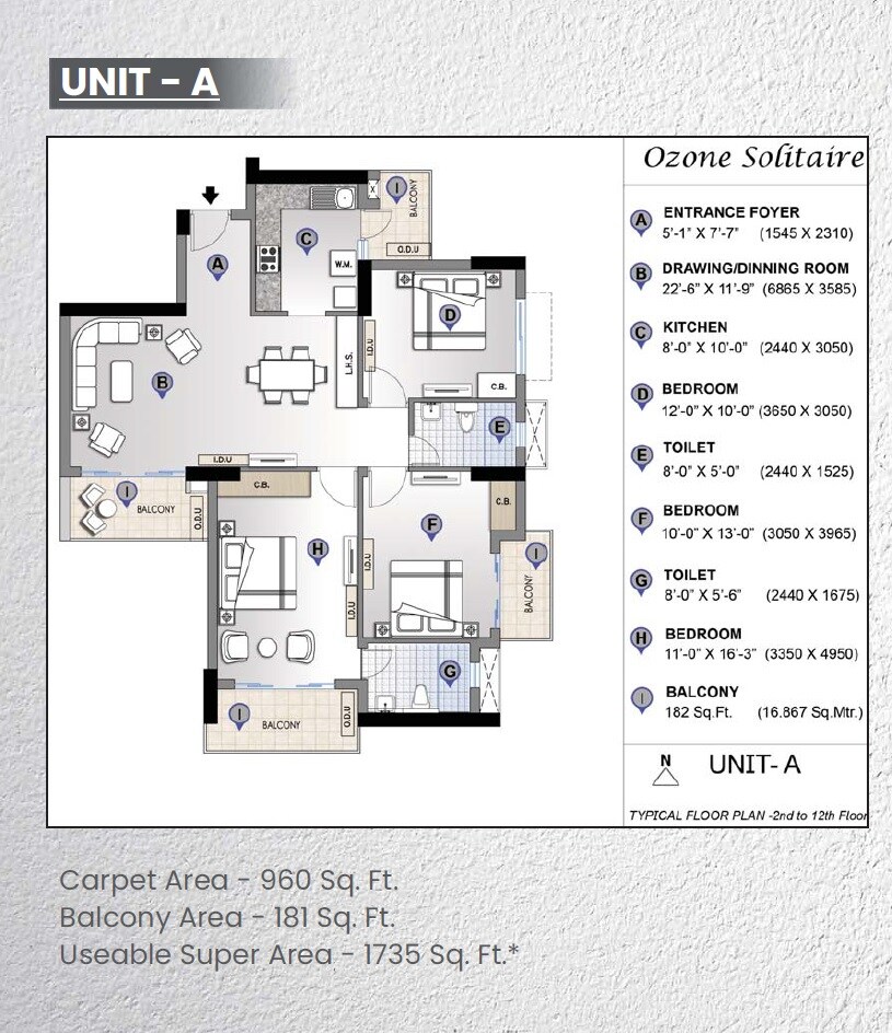 Floor plan of 3 BHK 1735 Sq. Ft. Apartment in Shiv The Ozone Solitaire, Faridabad
