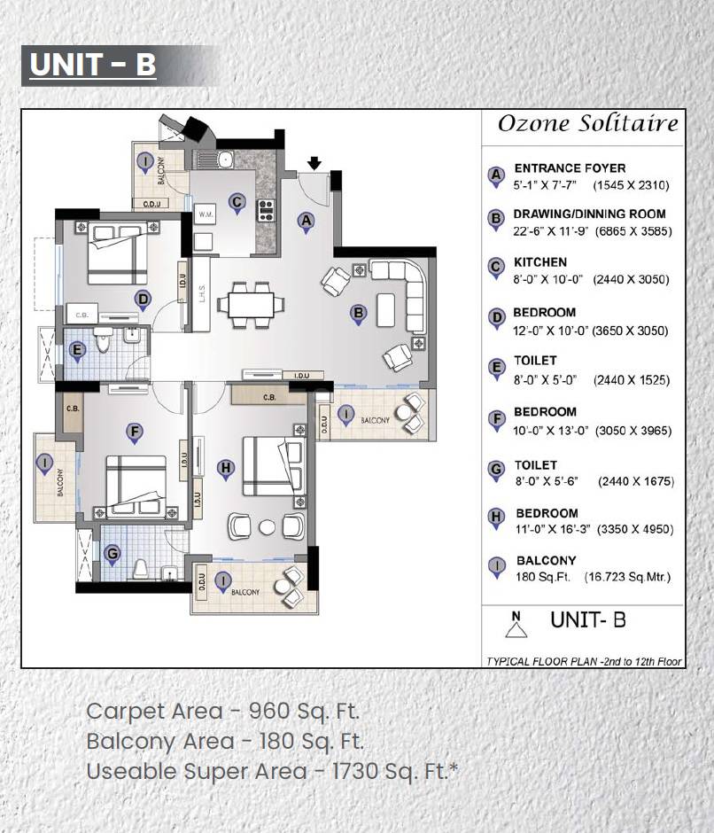Floor plan of 3 BHK 1730 Sq. Ft. Apartment in Shiv The Ozone Solitaire, Faridabad