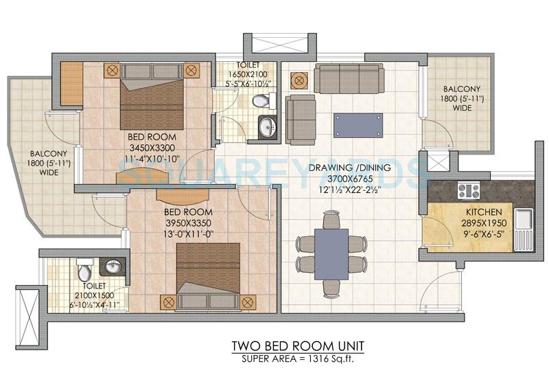 Floor plan of 2 BHK 1316 Sq. Ft. Apartment in SLF Indraprastha Apartments, Faridabad