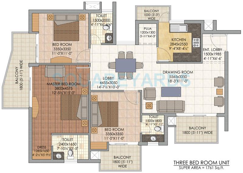 Floor plan of 3 BHK 1761 Sq. Ft. Apartment in SLF Indraprastha Apartments, Faridabad
