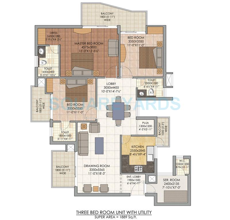 Floor plan of 3 BHK 1889 Sq. Ft. Apartment in SLF Indraprastha Apartments, Faridabad