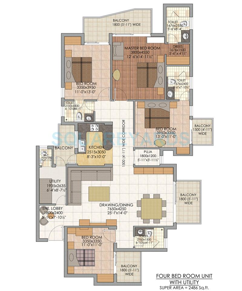 Floor plan of 4 BHK 2486 Sq. Ft. Apartment in SLF Indraprastha Apartments, Faridabad