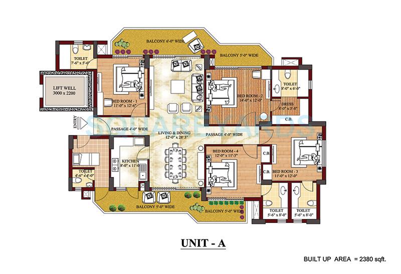 Floor plan of 4 BHK 2380 Sq. Ft. Apartment in SPR Elysia, Faridabad