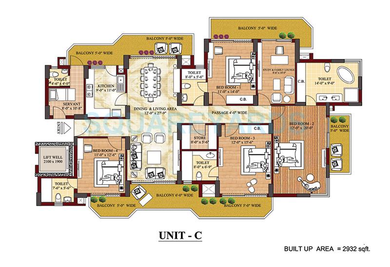 Floor plan of 4 BHK 2932 Sq. Ft. Apartment in SPR Elysia, Faridabad