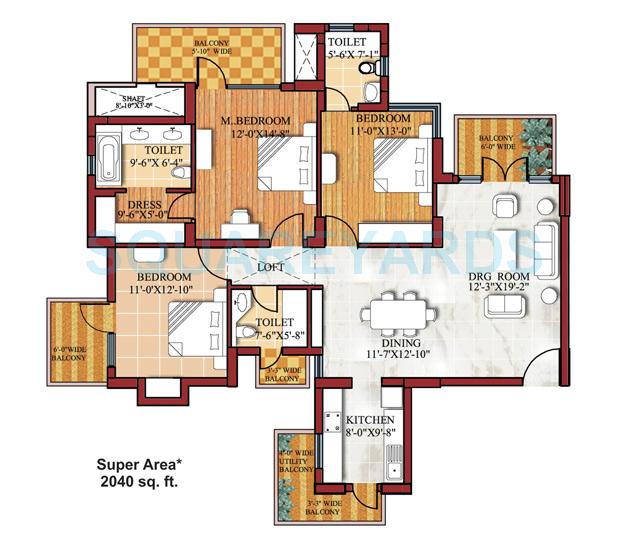 Floor plan of 3 BHK 2040 Sq. Ft. Apartment in SPR Imperial Estate, Faridabad