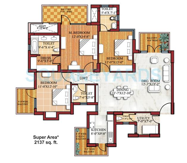 Floor plan of 3 BHK 2137 Sq. Ft. Apartment in SPR Imperial Estate, Faridabad