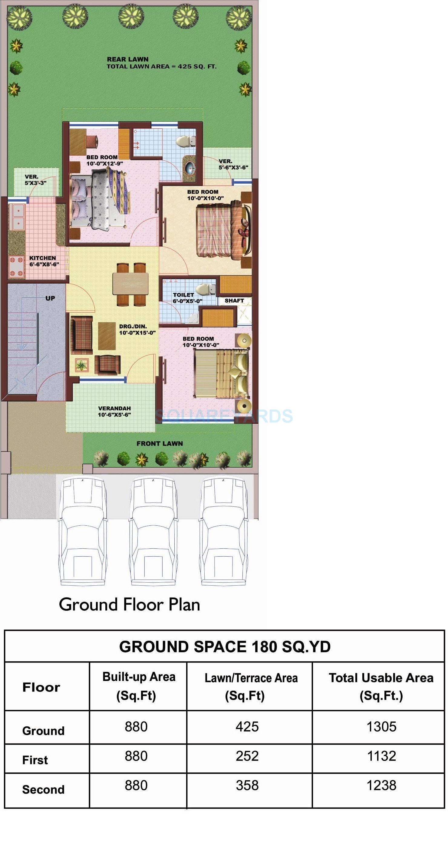 Floor plan of 3 BHK 1305 Sq. Ft. Ind Floor in SRS Pearl Floors, Faridabad