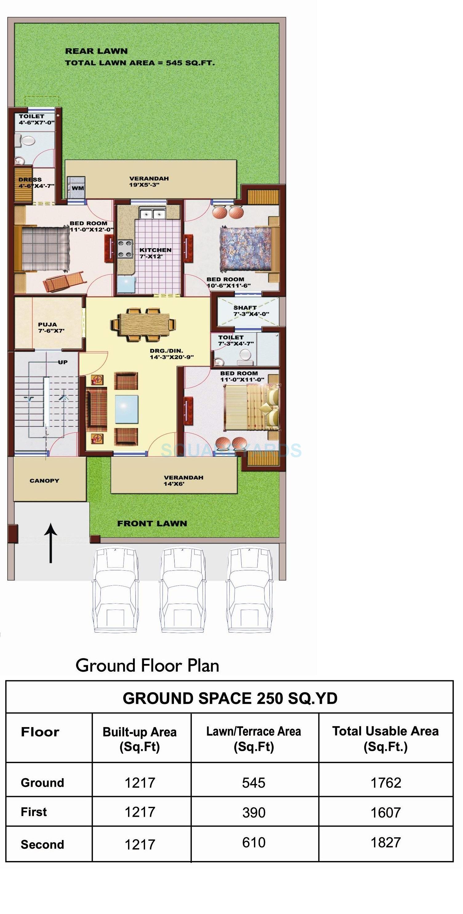 Floor plan of 3 BHK 1762 Sq. Ft. Ind Floor in SRS Pearl Floors, Faridabad