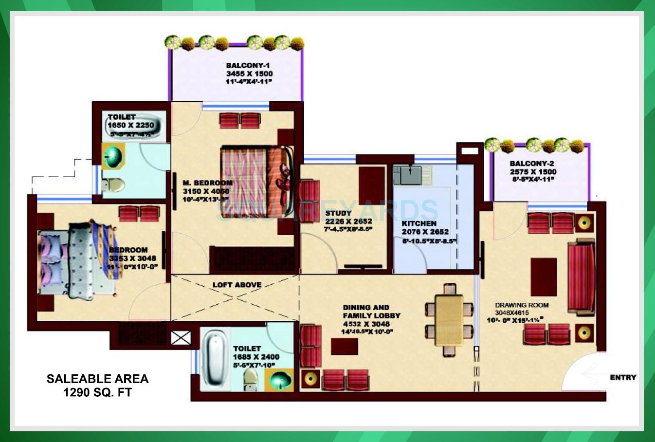 Floor plan of 2 BHK 1290 Sq. Ft. Apartment in SRS Pearl Heights, Faridabad