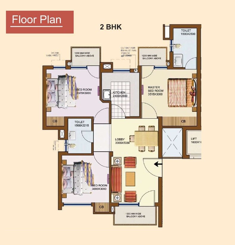 Floor plan of 2 BHK 1300 Sq. Ft. Apartment in SRS Prime Floors, Faridabad
