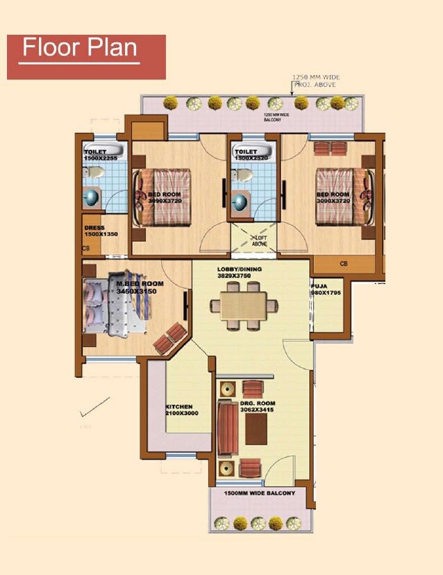 Floor plan of 3 BHK 2000 Sq. Ft. Apartment in SRS Prime Floors, Faridabad