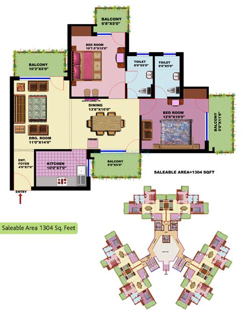 Floor plan of 2 BHK 1304 Sq. Ft. Apartment in SRS Residency, Faridabad