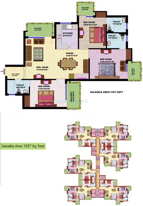 Floor plan of 3 BHK 1557 Sq. Ft. Apartment in SRS Residency, Faridabad