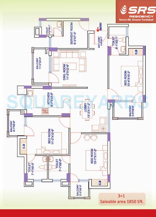 Floor plan of 3 BHK 1850 Sq. Ft. Apartment in SRS Residency, Faridabad