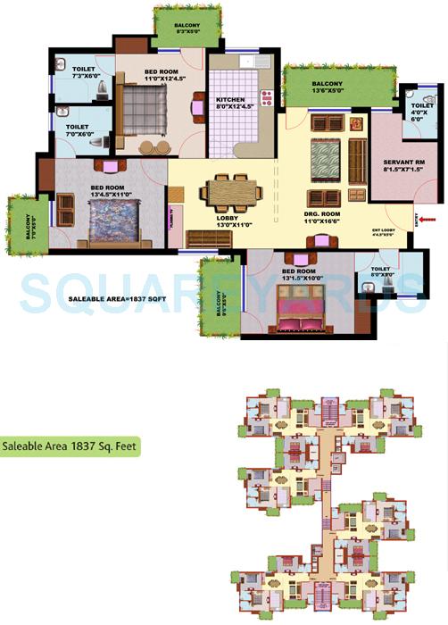 Floor plan of 3 BHK 1837 Sq. Ft. Apartment in SRS Residency, Faridabad