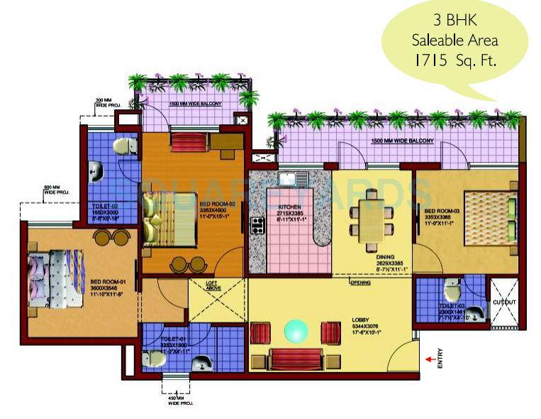 Floor plan of 3 BHK 1715 Sq. Ft. Apartment in SRS Royal Hills Phase 2, Faridabad