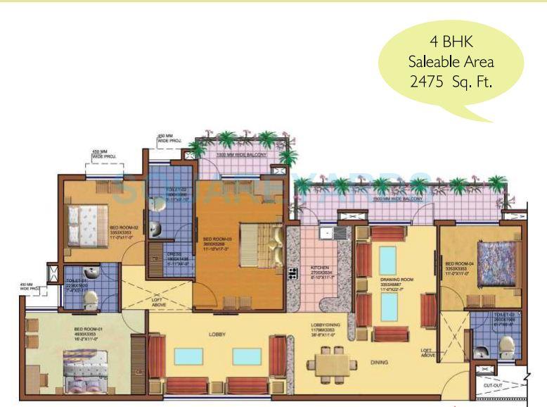Floor plan of 4 BHK 2475 Sq. Ft. Apartment in SRS Royal Hills Phase 2, Faridabad