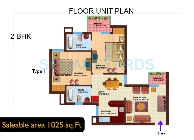 Floor plan of 2 BHK 1025 Sq. Ft. Apartment in SRS Royal Hills, Faridabad