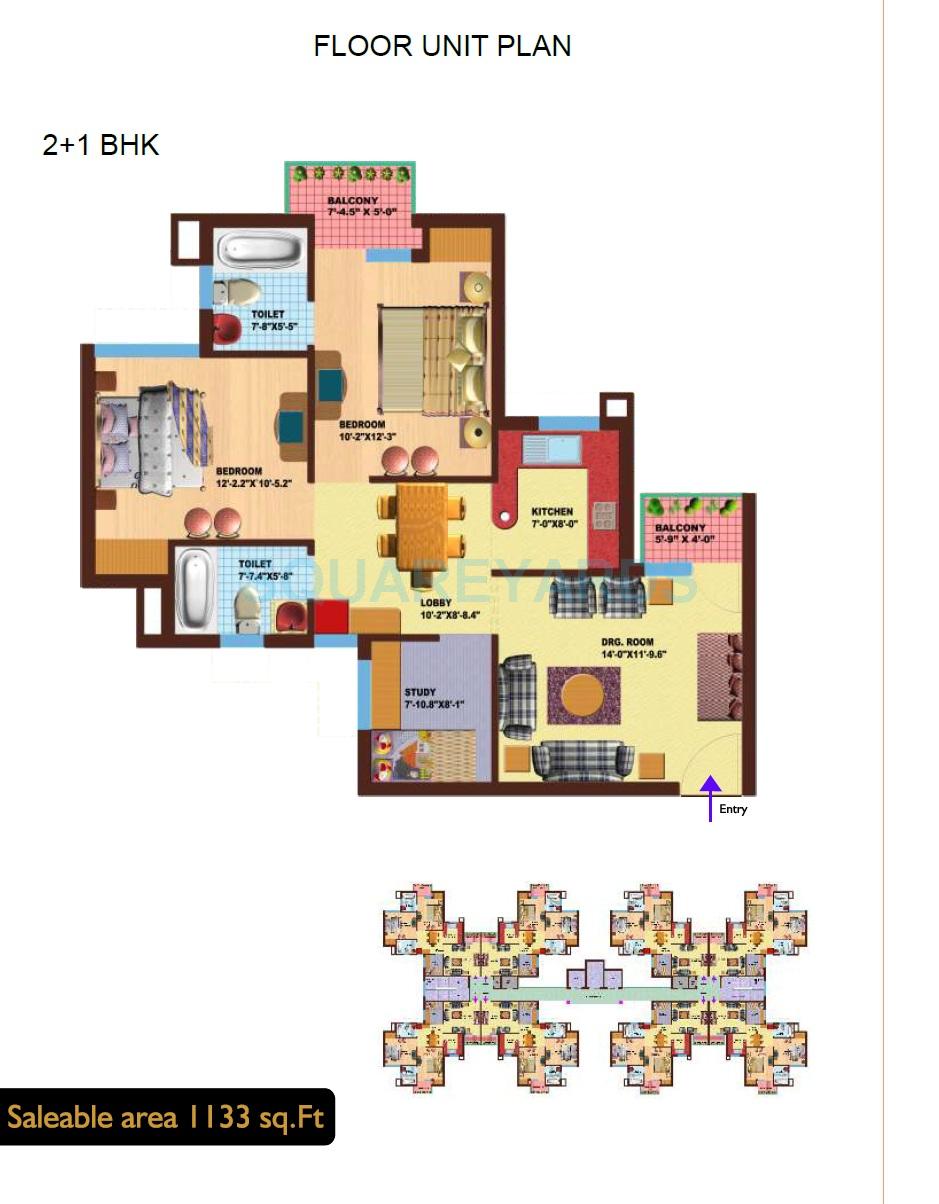 Floor plan of 2 BHK 1133 Sq. Ft. Apartment in SRS Royal Hills, Faridabad