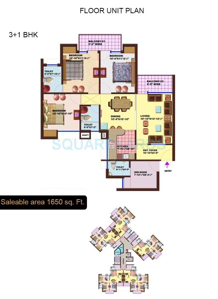 Floor plan of 3 BHK 1650 Sq. Ft. Apartment in SRS Royal Hills, Faridabad