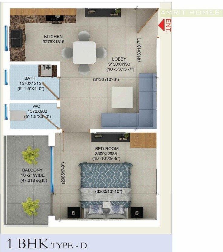 Floor plan of 1 BHK 373 Sq. Ft. Apartment in Sudarshan Amrit Homes, Faridabad