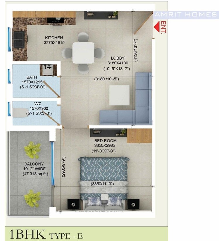 Floor plan of 1 BHK 377 Sq. Ft. Apartment in Sudarshan Amrit Homes, Faridabad