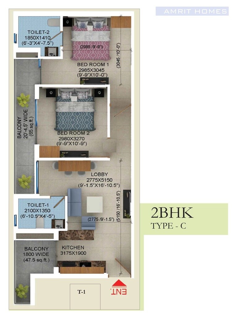 Floor plan of 2 BHK 611 Sq. Ft. Apartment in Sudarshan Amrit Homes, Faridabad