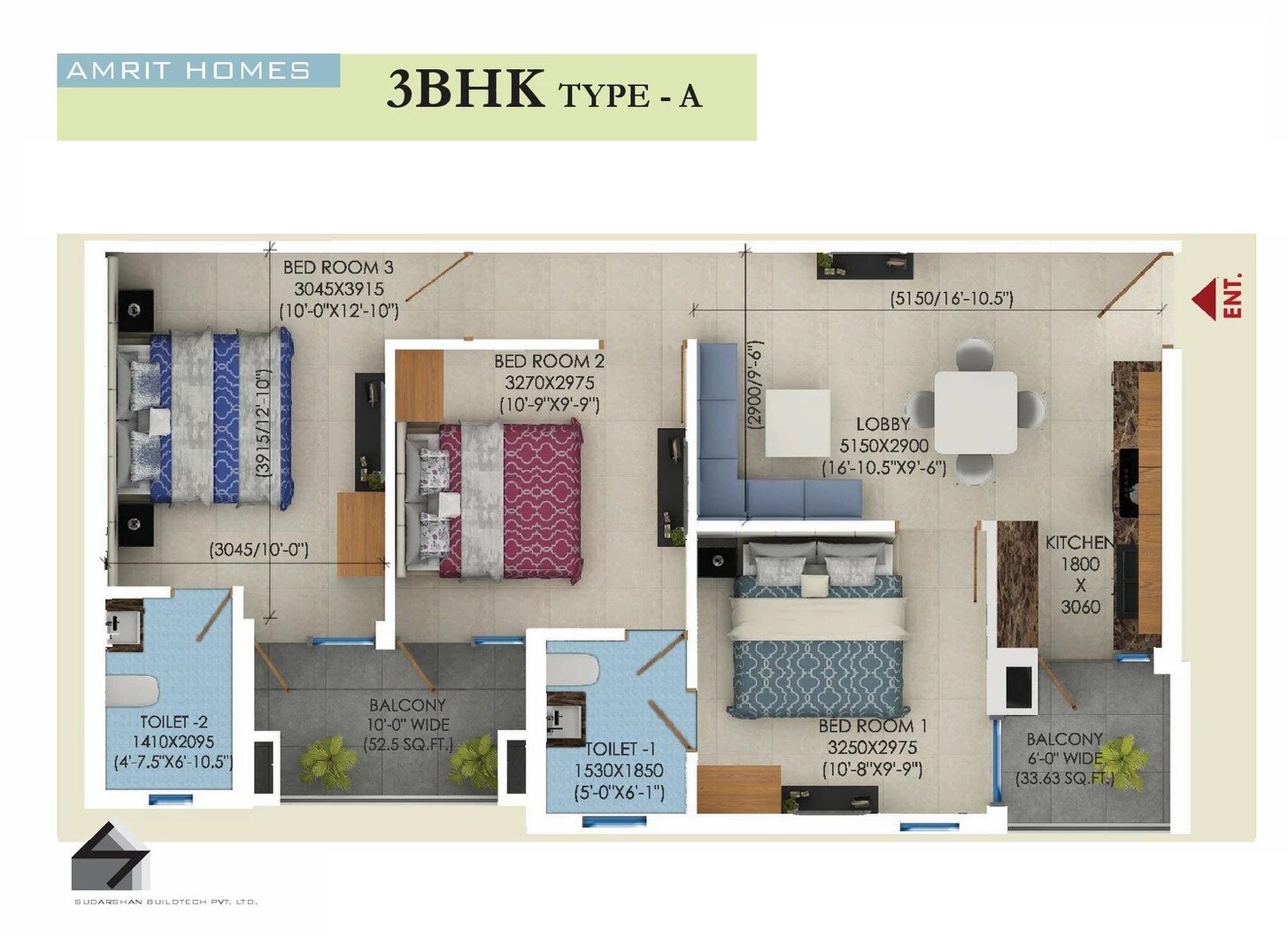 Floor plan of 3 BHK 751 Sq. Ft. Apartment in Sudarshan Amrit Homes, Faridabad