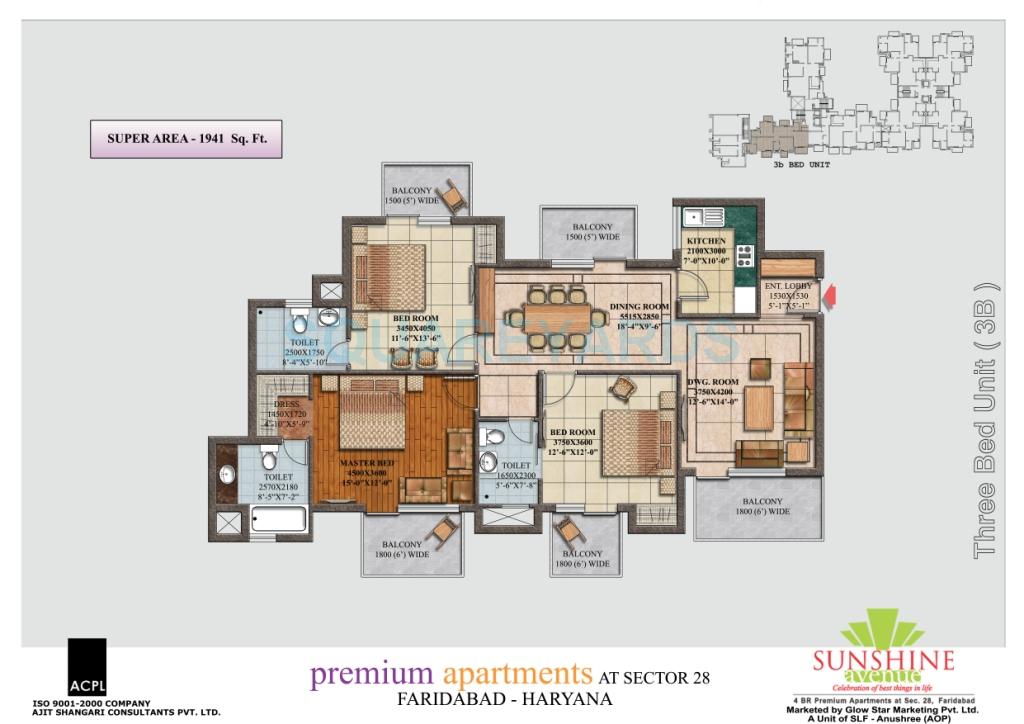 Floor plan of 3 BHK 1941 Sq. Ft. Apartment in SLF Sunshine Avenue, Faridabad