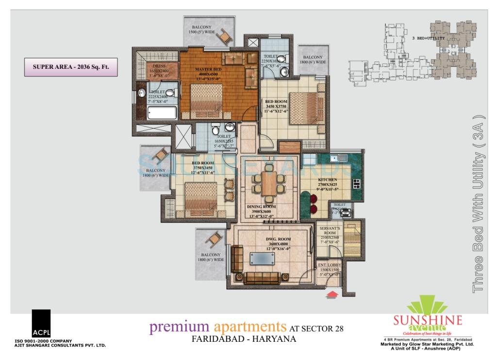 Floor plan of 3 BHK 2036 Sq. Ft. Apartment in SLF Sunshine Avenue, Faridabad