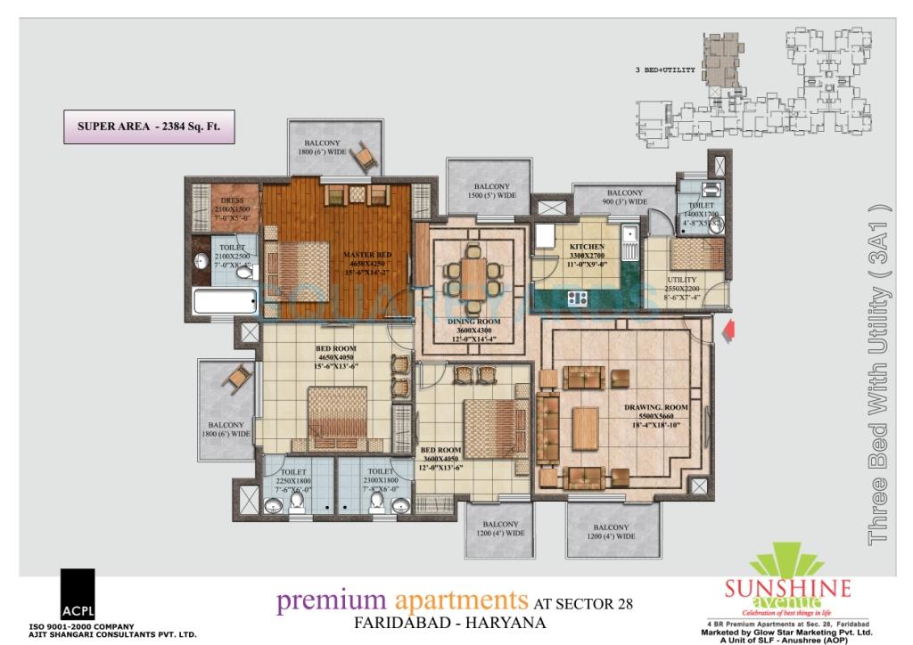Floor plan of 3 BHK 2384 Sq. Ft. Apartment in SLF Sunshine Avenue, Faridabad